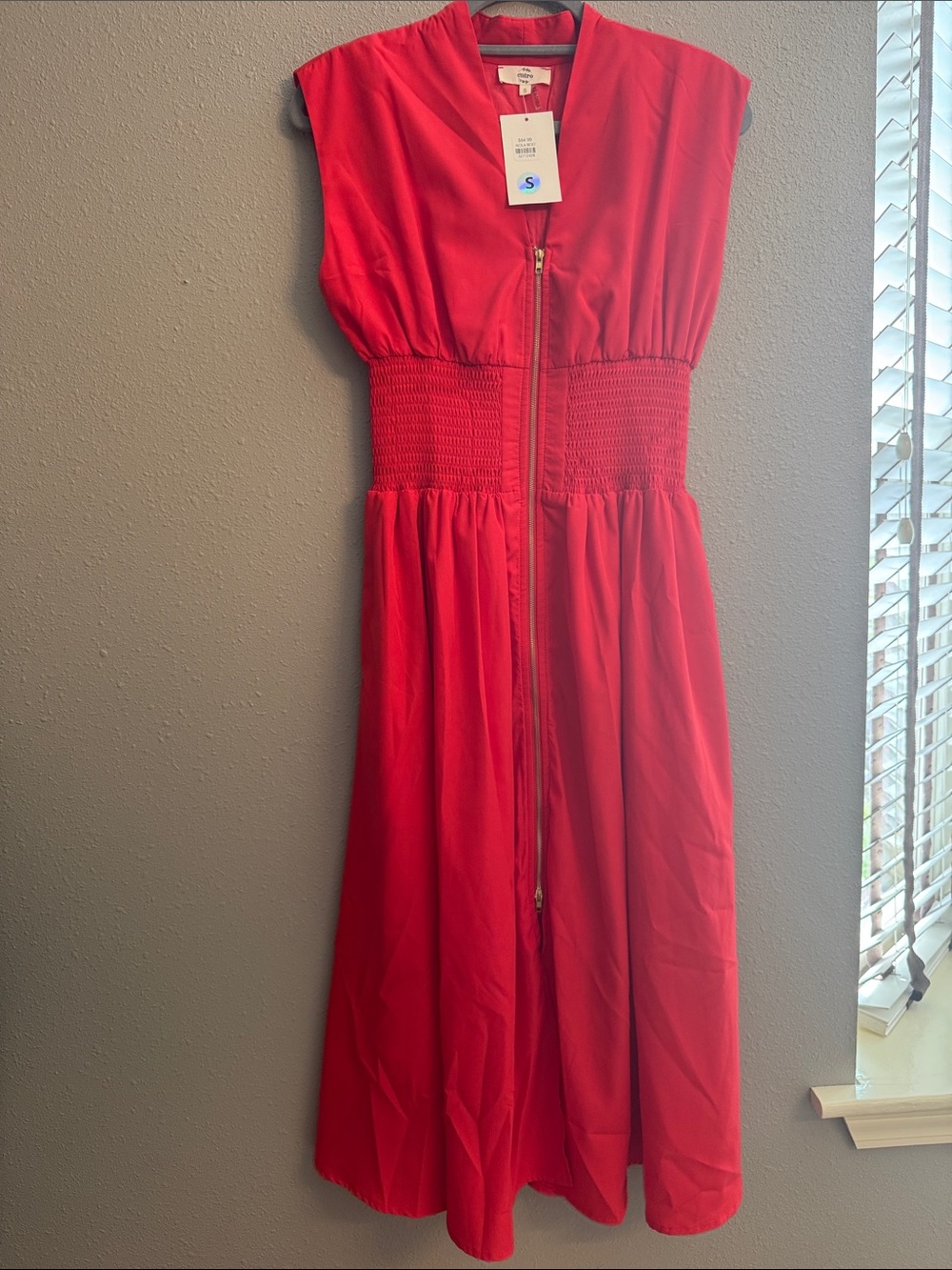 entro Bold Red Midi Dress with Smocked Waist and Front Zip